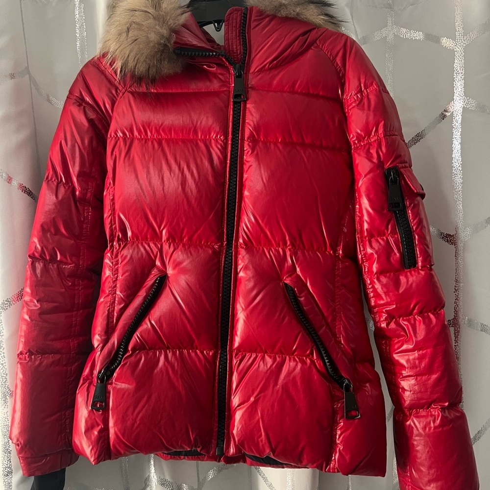 SAM. Red Puffer Jacket with Fur Trim